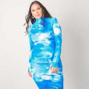 "Eyes on Me" Turtleneck Long Sleeve Ruched Maxi Dress - Blue